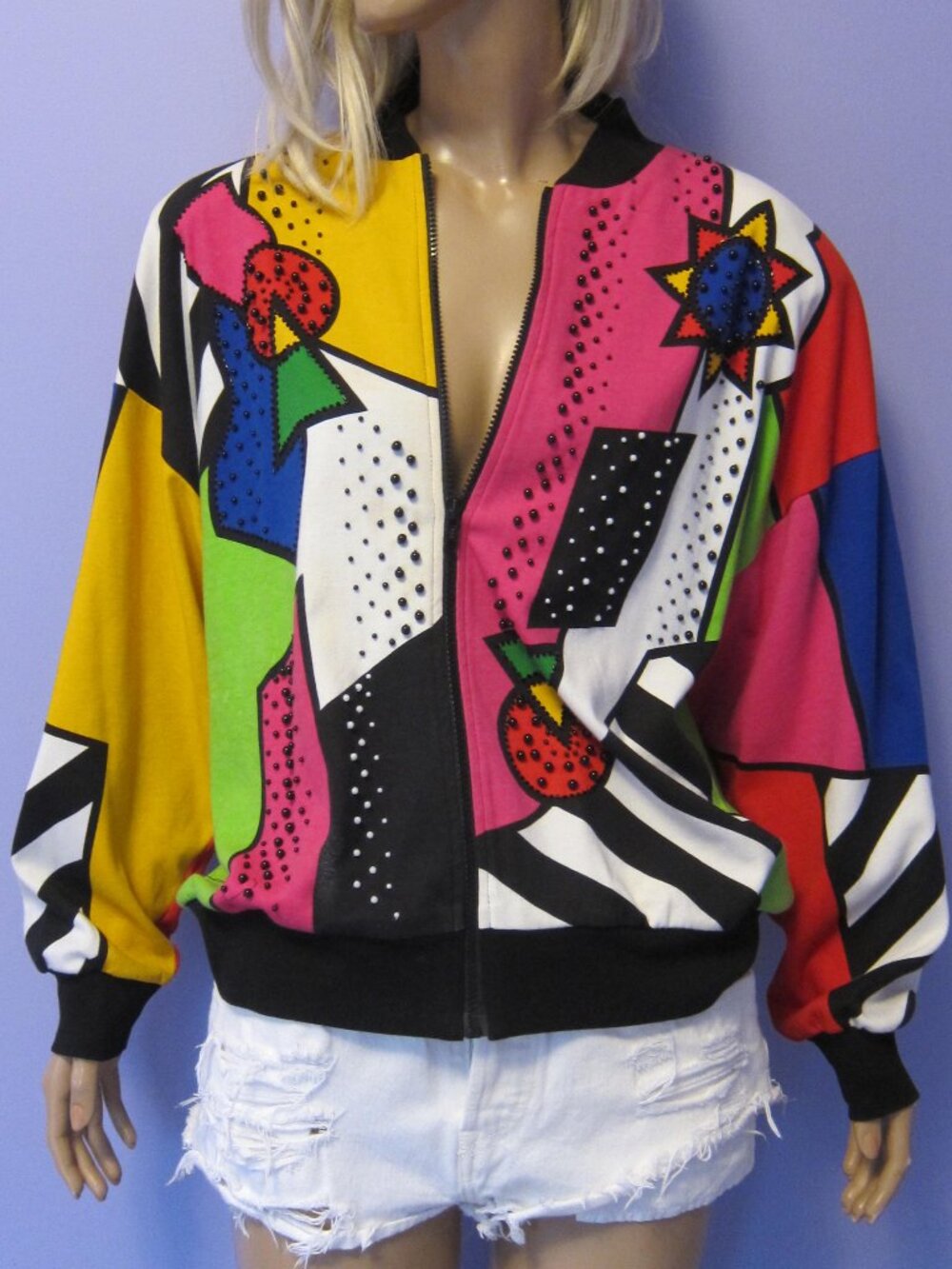 Vintage 90s IB DIFFUSION OP ART DECO Psychedelic Beaded Retro Jacket Hong Kong